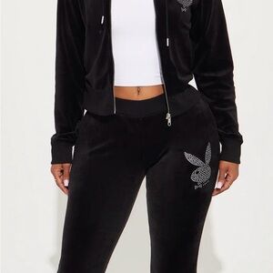 PLAYBOY Black Velour Flare Pants with Logo